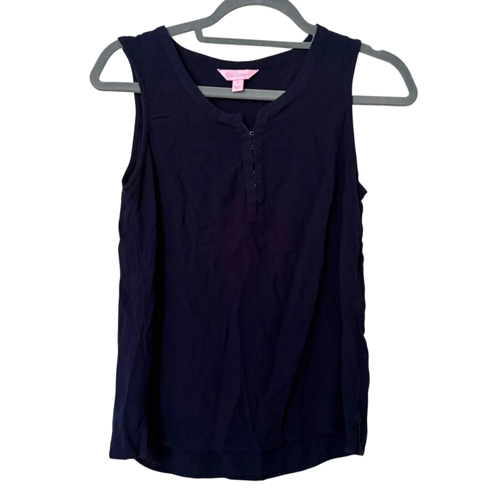 Lilly Pulitzer Womens Small Sleeveless Tank Top Navy Blue Hook-Eye V-Neck